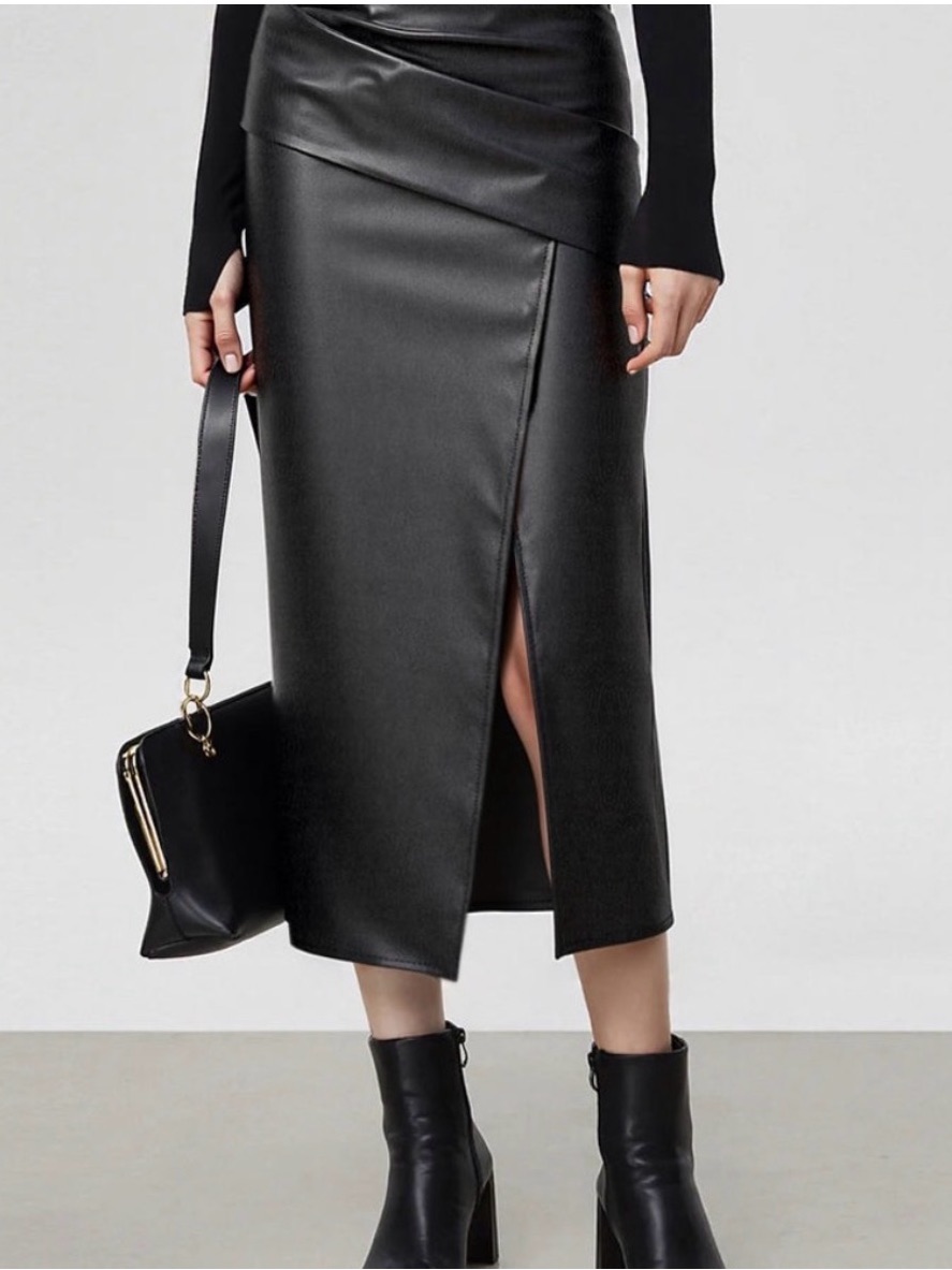 Nwt Commense | Ruched Slit Pu Leather Midi Skirt Xs